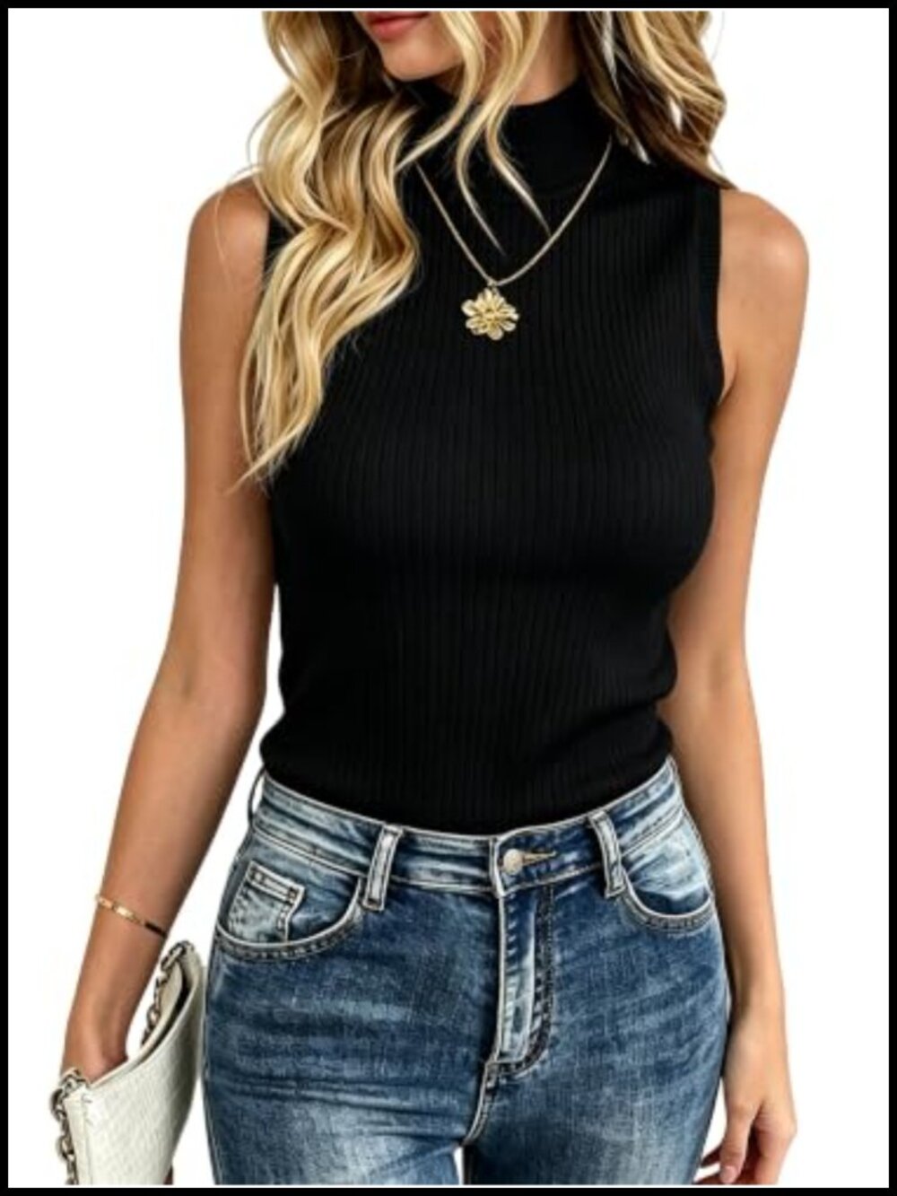 Sleeveless Knit Sweater Vest Mock Neck Ribbed Pullover